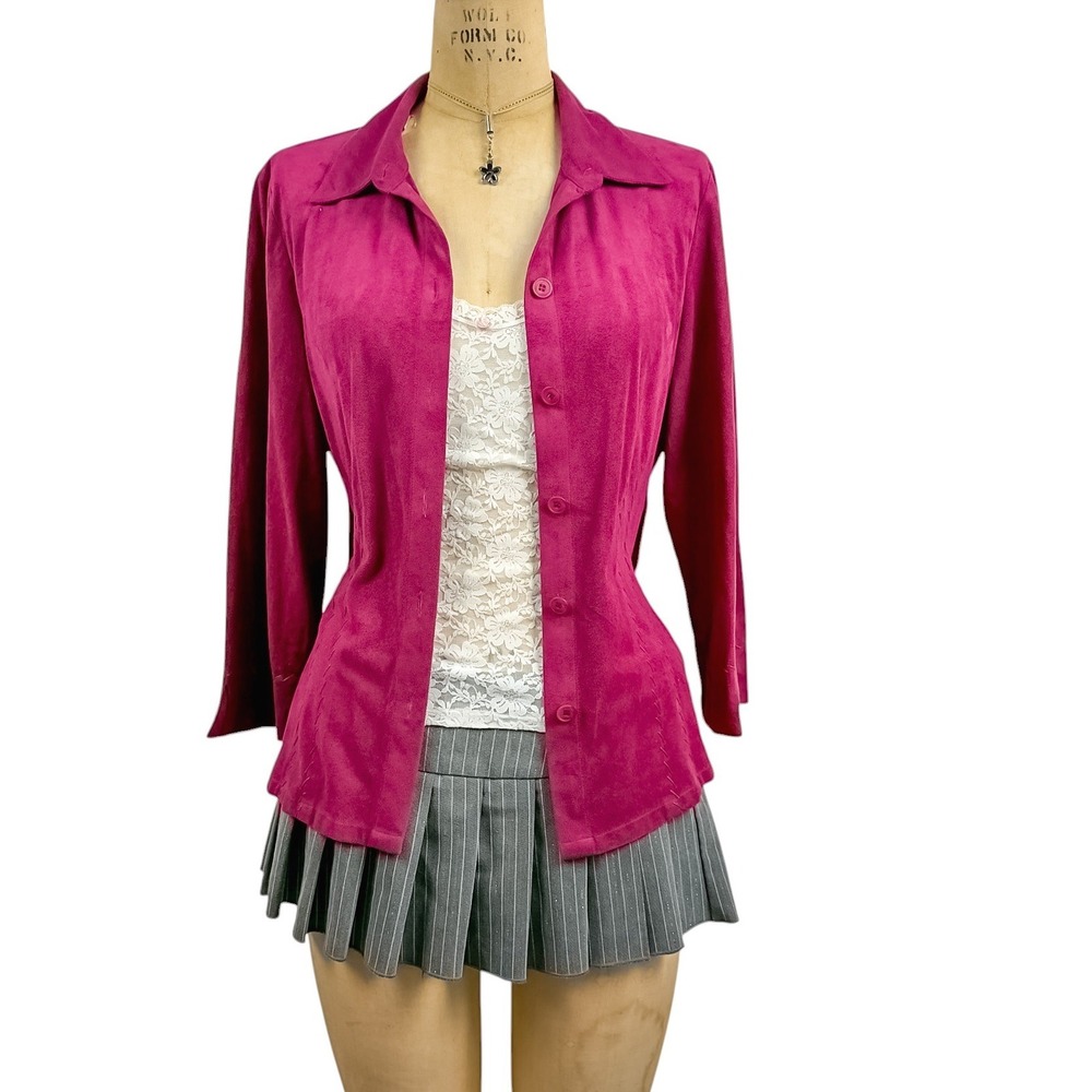 90s Whimsigothβ Suede Button Up Top Zigzag Stitch Bold Magenta Boho Indie M
